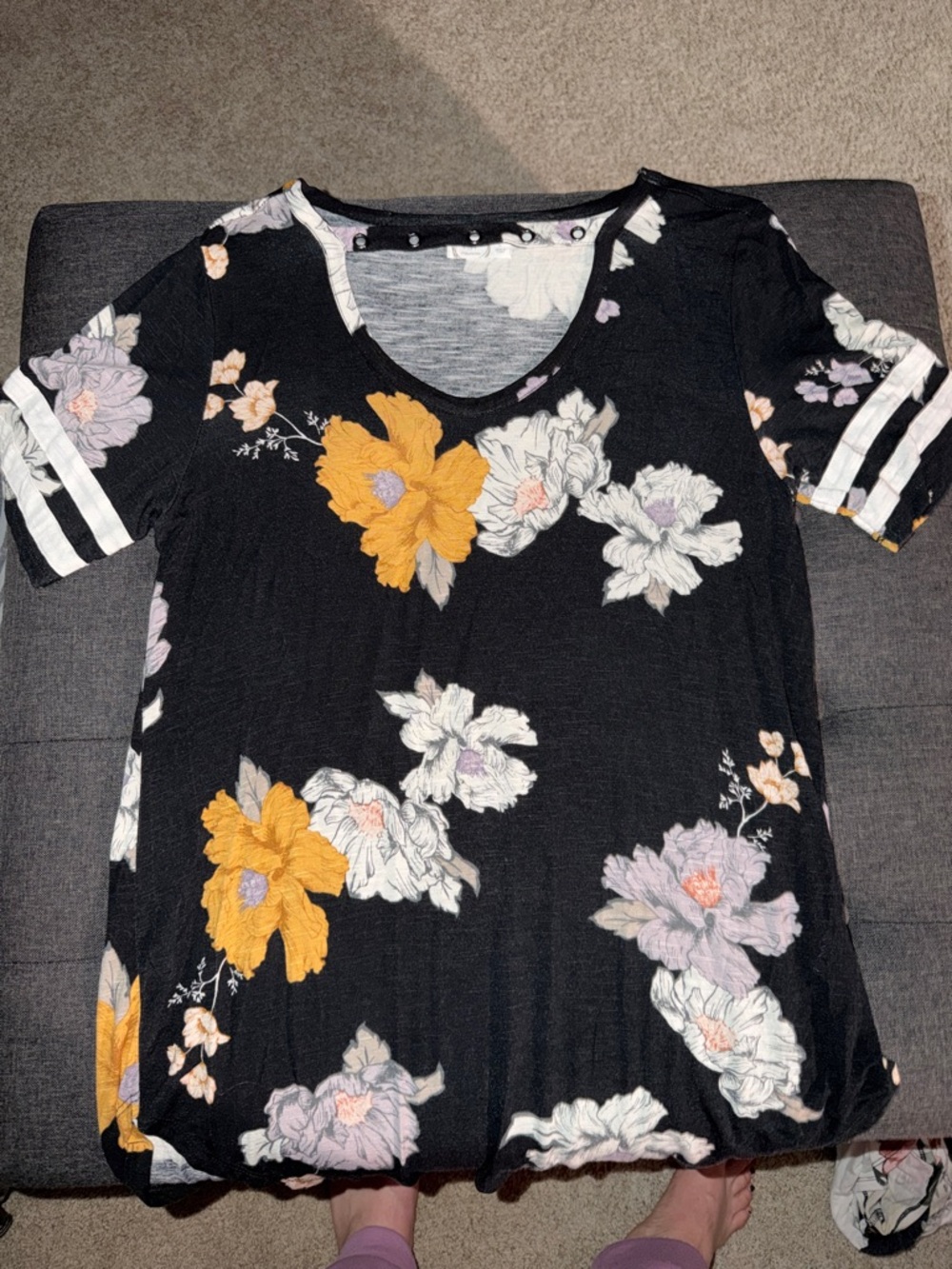 Maurices Black V-Neck Floral Tee with Mustard & Lavender Blooms